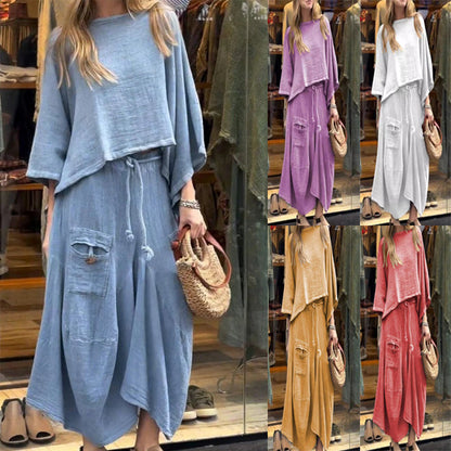 Yuvarlak yakalı üst ve bol etekten oluşan kadın retro günlük takım elbise