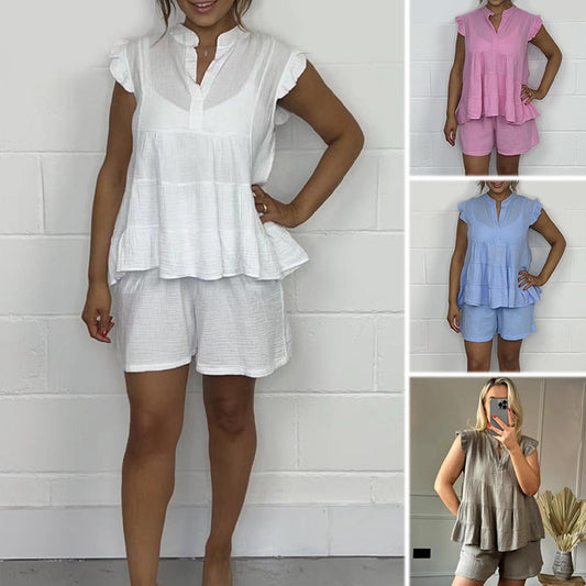 Conjunto de top y short de gasa con volantes para mujer 【Venta directa de fábrica】