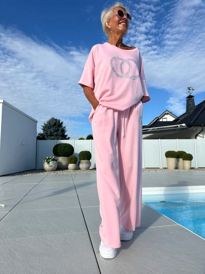 【🔥 Superlågt pris idag】⏳ Endast under en begränsad tid! ⏰ Tvådelat fritidsset för damer: enkel blus och vida byxor.