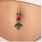 🎄 Piercing para el ombligo navideño: piedra roja brillante y hojas de acebo verdes ❤️💚✨