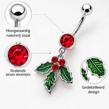 🎄 Piercing para el ombligo navideño: piedra roja brillante y hojas de acebo verdes ❤️💚✨