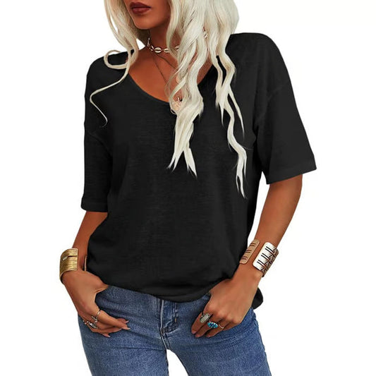 ✨2025 ny enfärgad V-ringad T-shirt för kvinnor