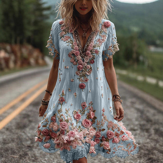 Floral embroidered vintage short sleeve dress