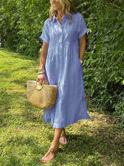Striped short-sleeved shirt cotton and linen dress