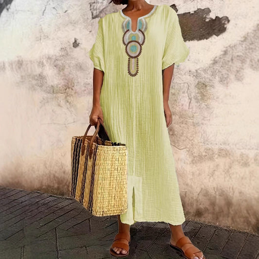 Vestido informal holgado de lino y algodón con abertura bordada para mujer 