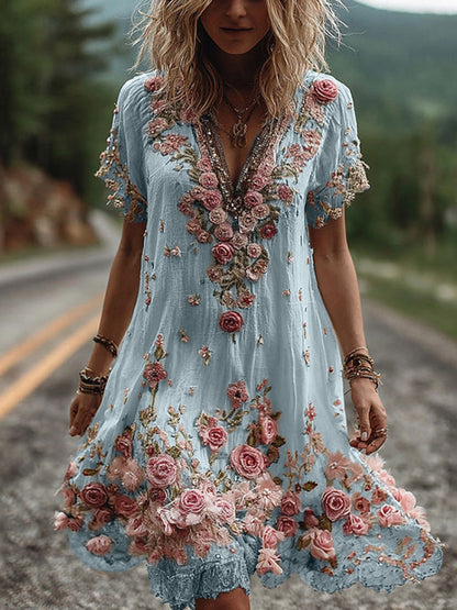 Floral embroidered vintage short sleeve dress