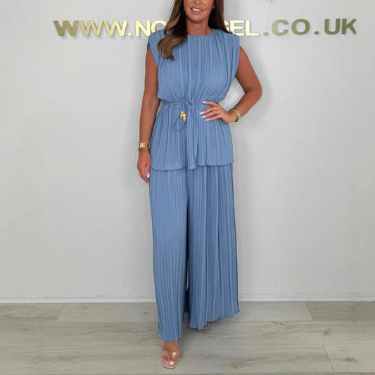 Conjunto de pantalón largo y top con cinturón sin mangas para mujer