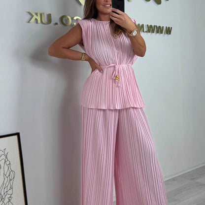 Conjunto de pantalón largo y top con cinturón sin mangas para mujer