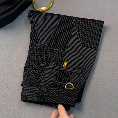 Elegant and comfortable men's long trousers – straight cut, elastic waistband and jacquard fabric, luxurious lightweight style