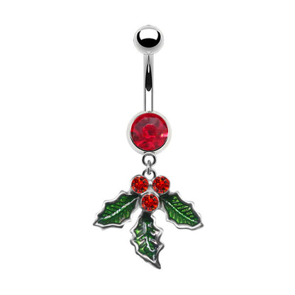 🎄 Piercing para el ombligo navideño: piedra roja brillante y hojas de acebo verdes ❤️💚✨