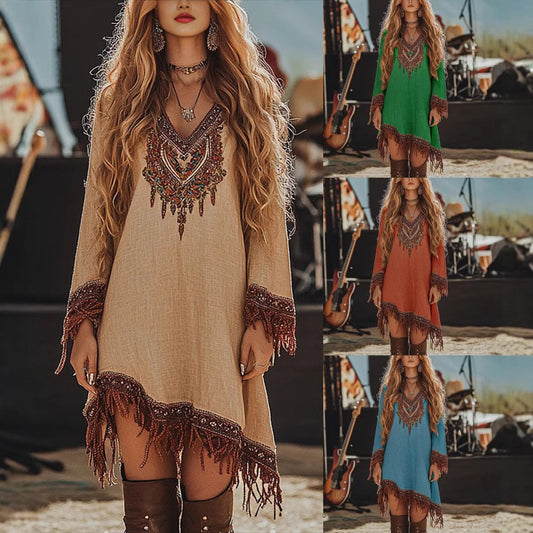 Vestido estilo boho con escote en pico y borlas de encaje