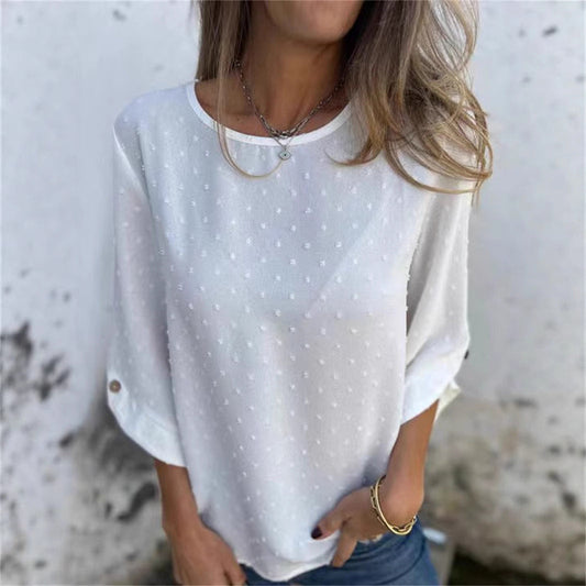 Kadınlar için rahat yuvarlak yakalı jakarlı üst
