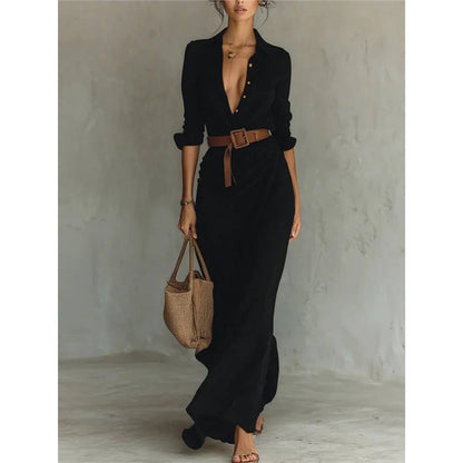【🔥 Precio súper bajo de hoy】Blusa de mujer con cuello y mangas largas, vestido maxi con cinturón
