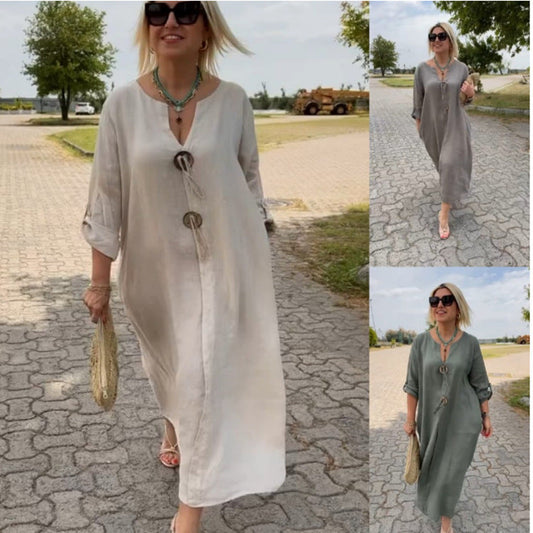 🎁👗V-neck cotton and linen dress