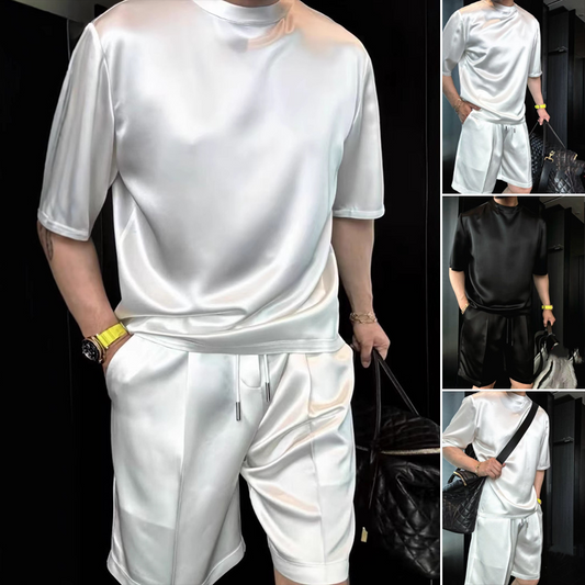 🔥Yüksek Kaliteli Erkek Mercerize Pamuklu Günlük Düz Renk Üst ve Şort İki Parçalı Takım【Bol kesim, her duruma uygun】