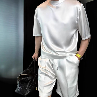 🔥Yüksek Kaliteli Erkek Mercerize Pamuklu Günlük Düz Renk Üst ve Şort İki Parçalı Takım【Bol kesim, her duruma uygun】