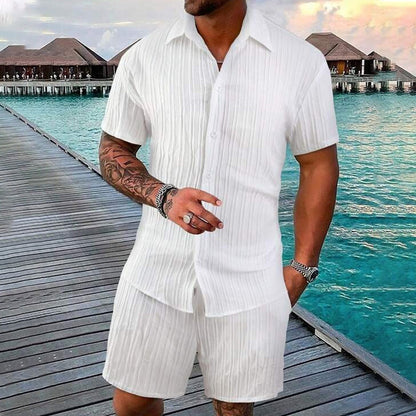 💎 49% RABATT! 💎 Herrset i 2 delar – Löst snittskjorta + Randiga shorts: Avslappnad och andningsbar sommarlook 🌿👕