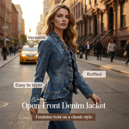🌸 Dam Denimjacka – Volang & Öppen Framsida 🧥 Lättviktig & Feminin 👗