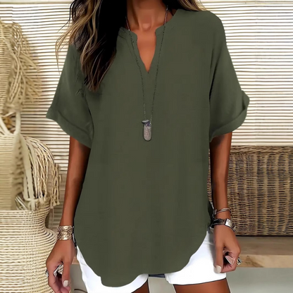 👚 49% RABATT! 🔥 Modern, Lös Kortärmad Topp – V-ringning med Skåra, Asymmetrisk Fåll & Lätt Tyg (5 färger, S–2XL) 🌸