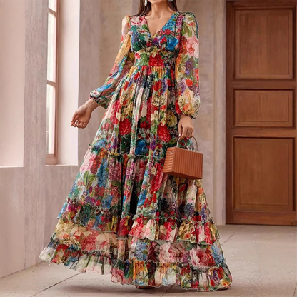 ⏳ Begränsad tid: 49% rabatt⏰Romantisk V-ringad blomsterklänning med lanternärmar👗
